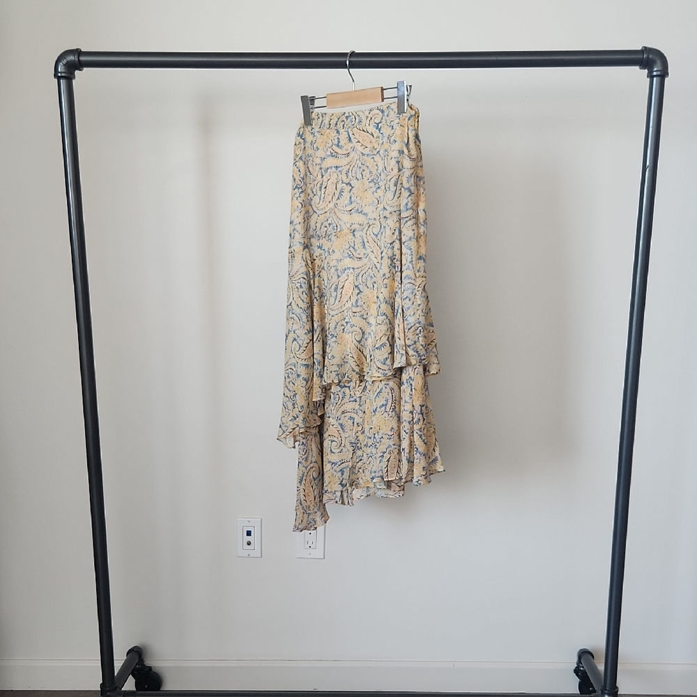 Veronica Beard Yellow and Blue Paisley Asymmetrical Ruffle Skirt